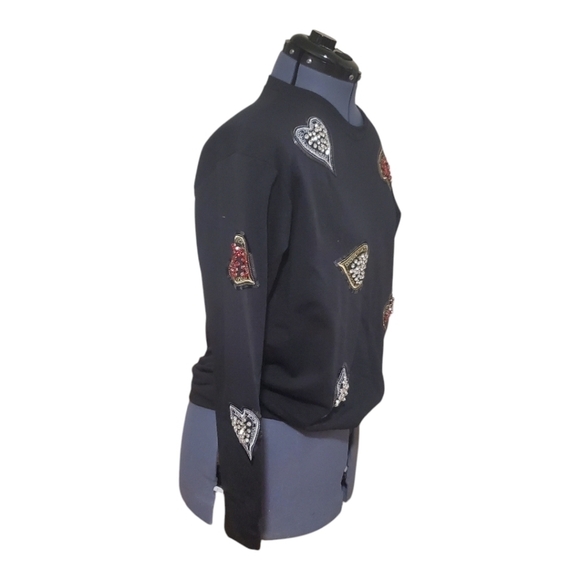 Gey Fashion Women's Black Swestshirt with Rhinestone Heart Embellishments Size L - Picture 2 of 5